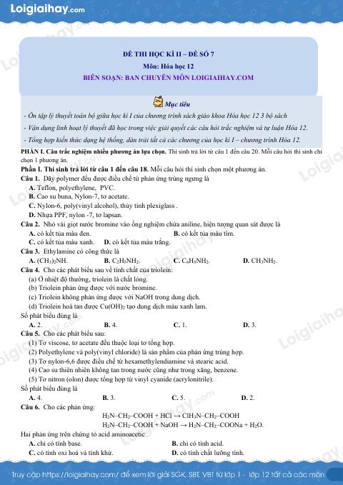 Đề thi học kì 1 Hóa 12 Cánh diều - Đề số 7